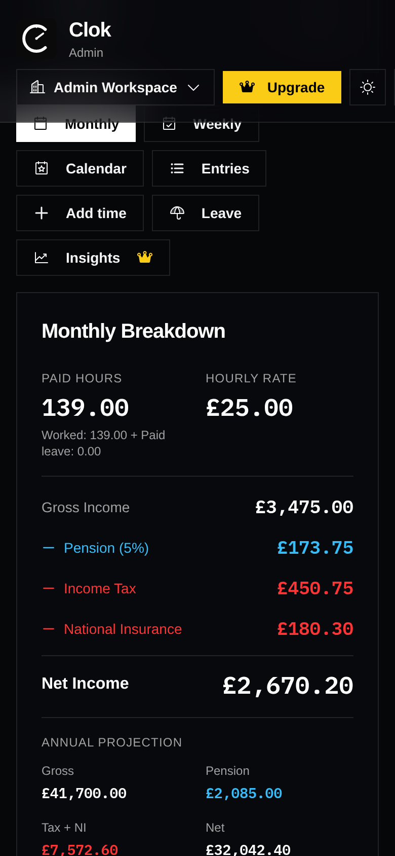 Clok app monthly view showing gross income, pension, income tax, NI and net take-home