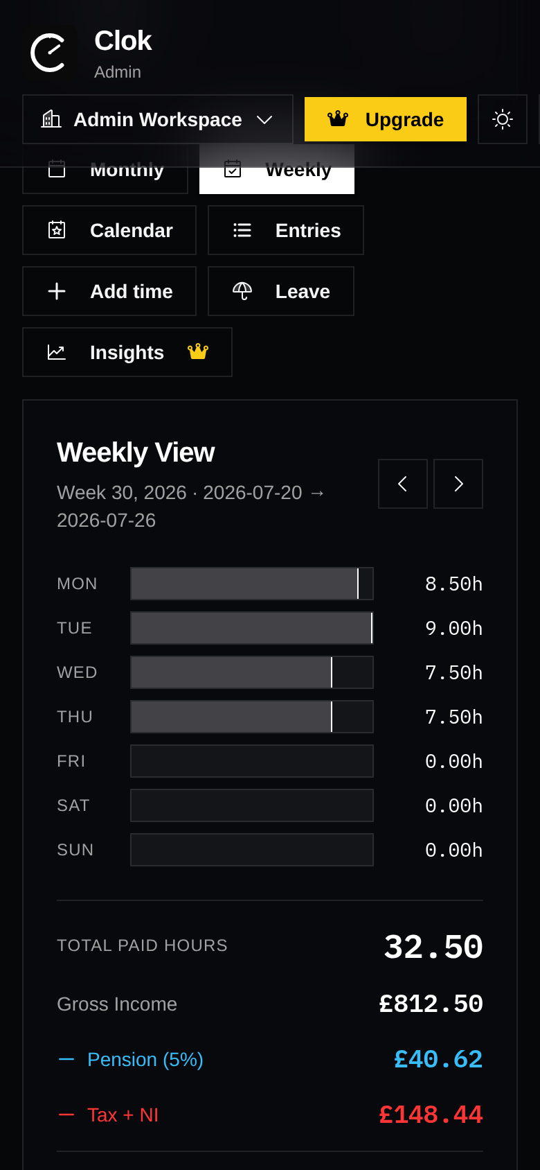 Clok app weekly view showing day-by-day hours logged